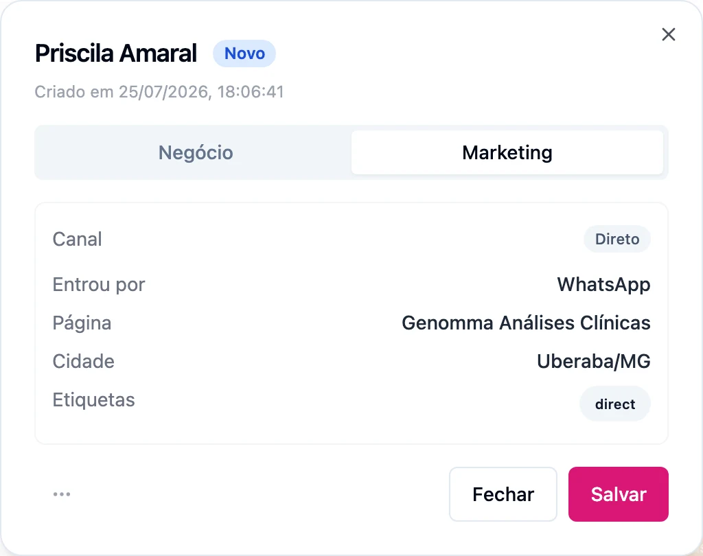 Ficha do lead mostrando a origem