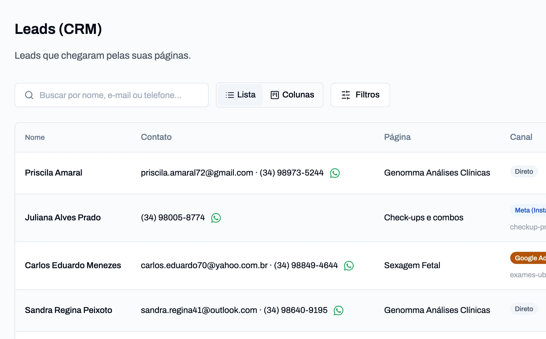 Lista de leads com busca e filtros