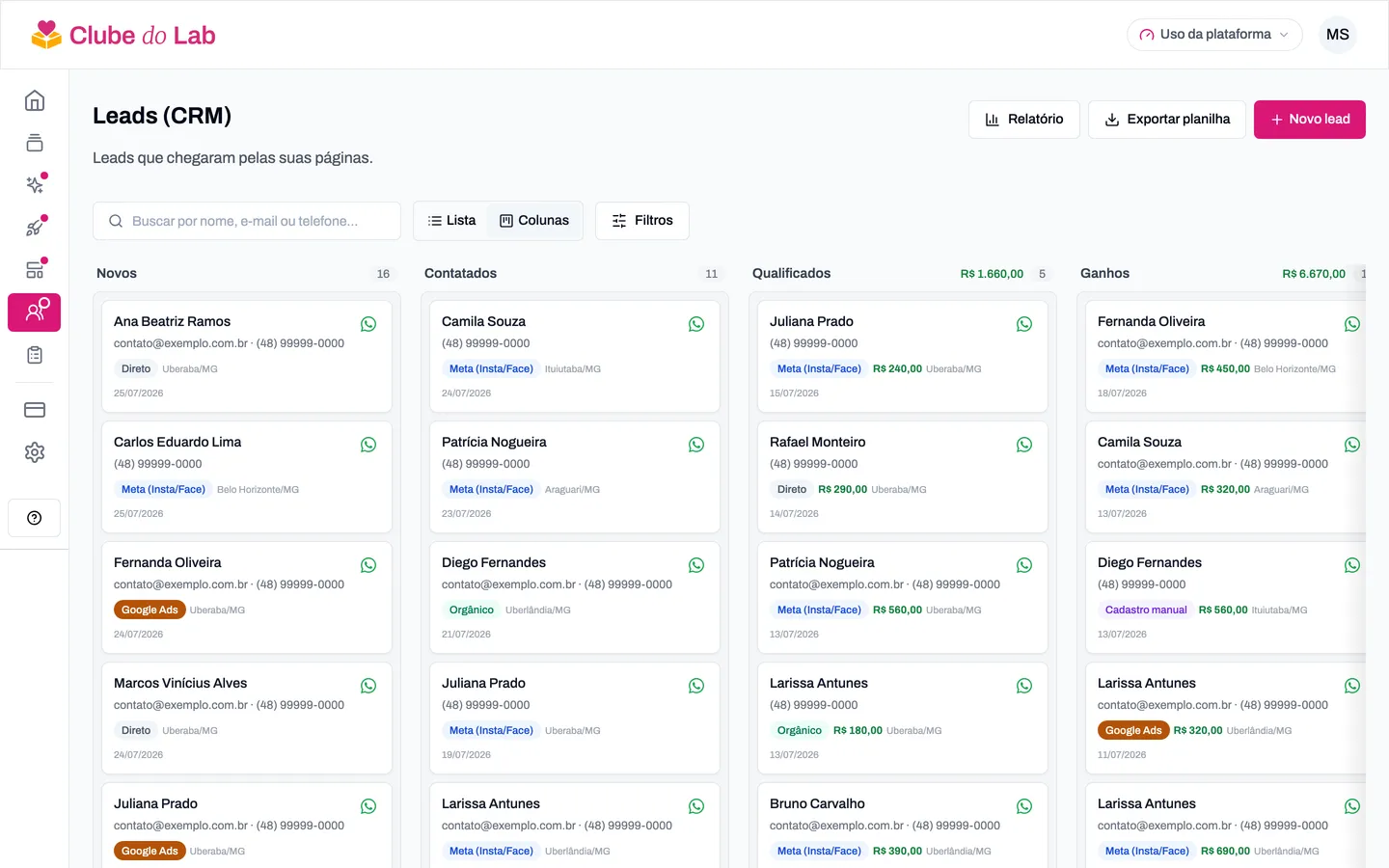 Visão de funil do CRM com os leads distribuídos nas colunas de cada etapa