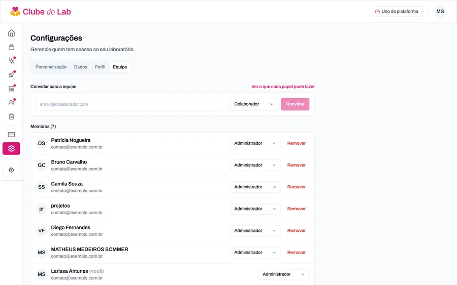 Tela de Equipe com o campo de e-mail e a escolha de papel do convite