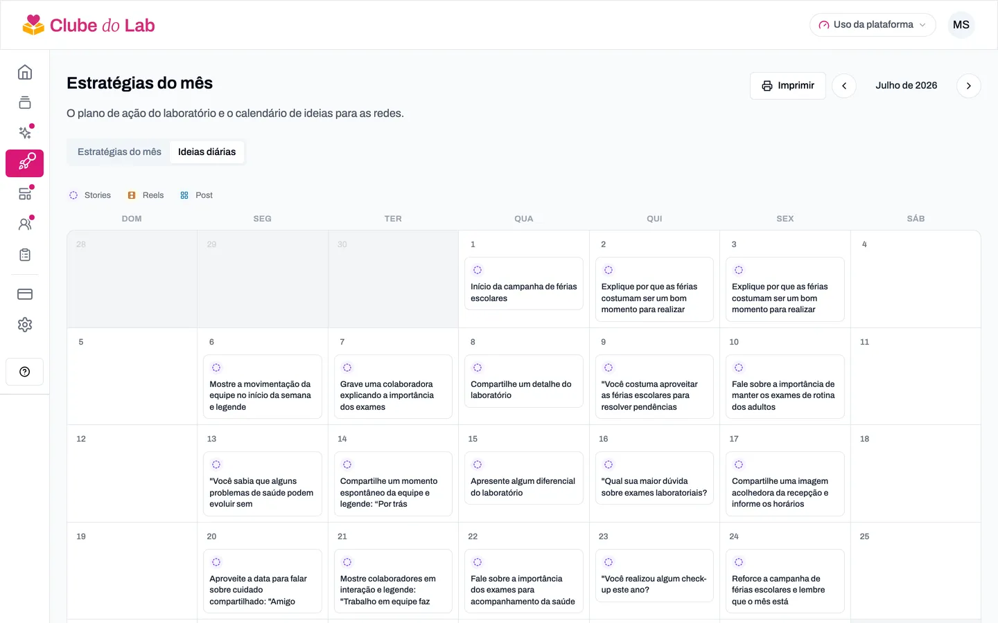 Aba Ideias humanizadas com o calendário do mês e um dia aberto mostrando gancho, roteiro e chamada