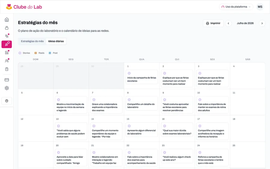 Aba Ideias humanizadas aberta, com o calendário do mês
