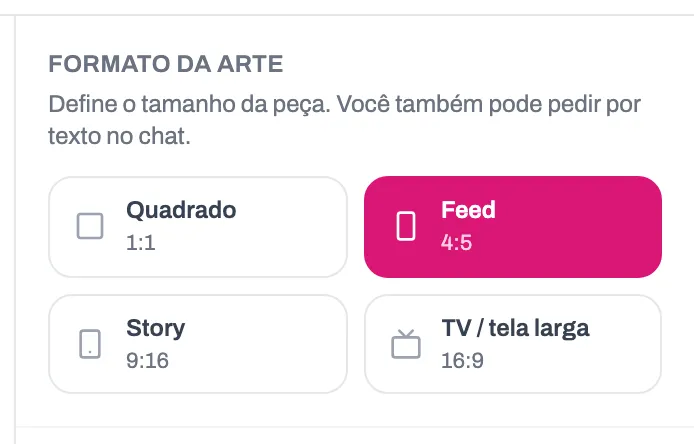 Seletor de formato do Estúdio IA com as opções Quadrado, Feed, Story e TV