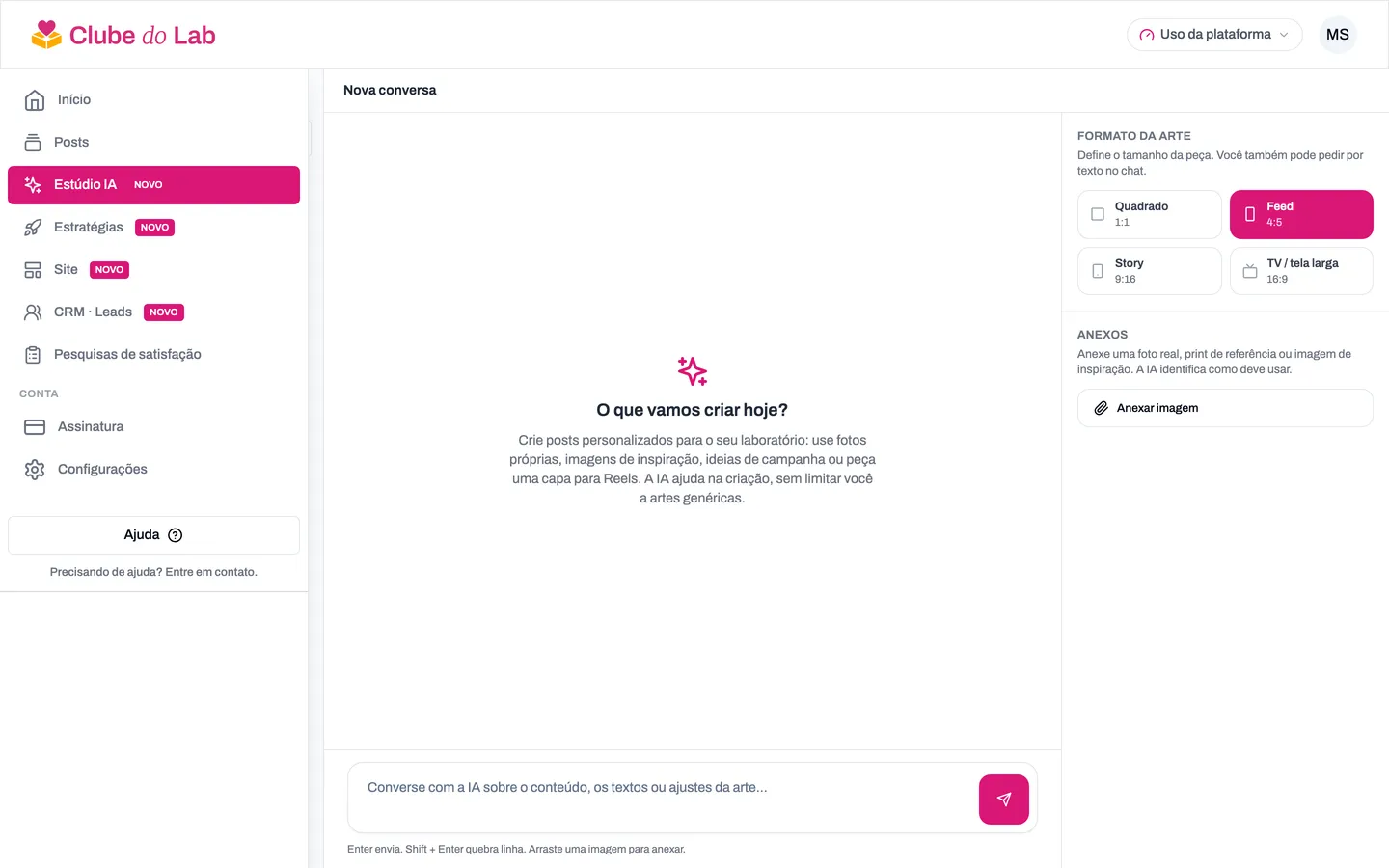 Tela do Estúdio IA com a conversa à esquerda e a arte gerada à direita