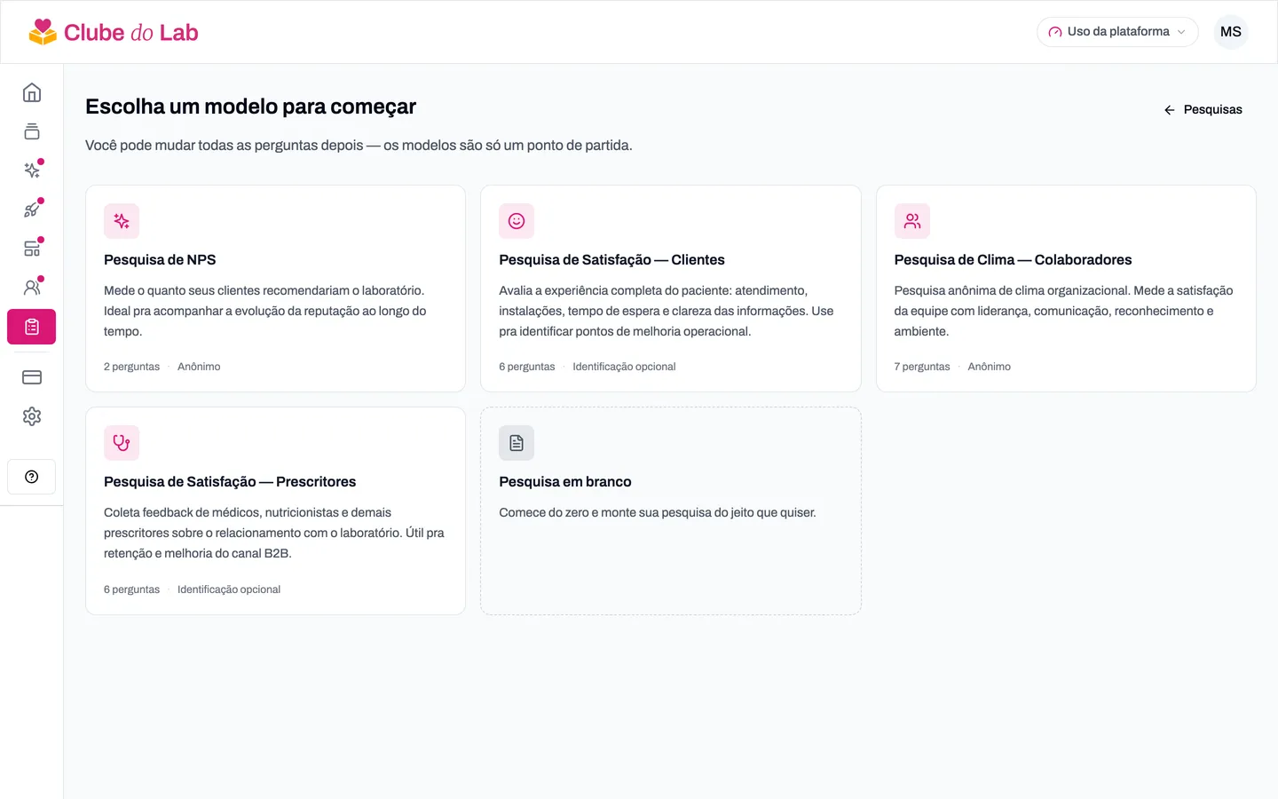 Tela de escolha de modelo de pesquisa, com os cards de cada tipo