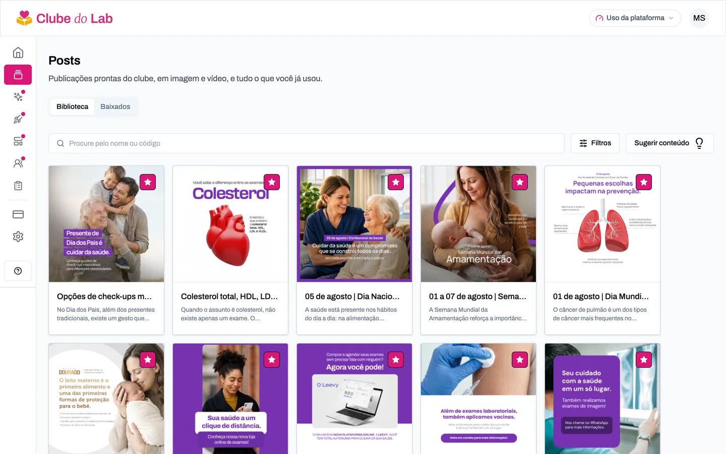 Tela de Posts aberta na aba Biblioteca, mostrando a grade de artes disponíveis