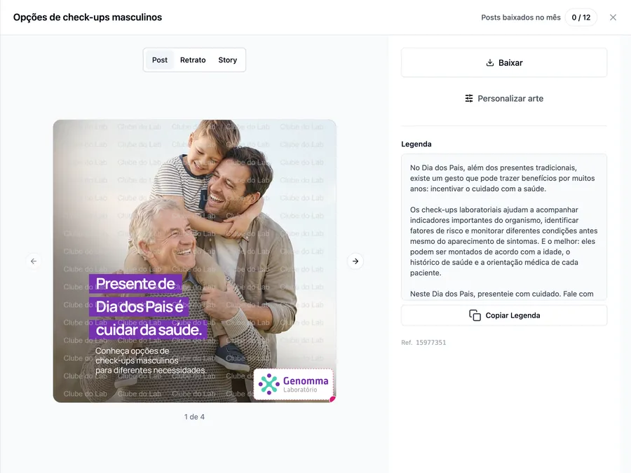 Painel de personalização aberto, com as opções de logo e cor ao lado da prévia da arte