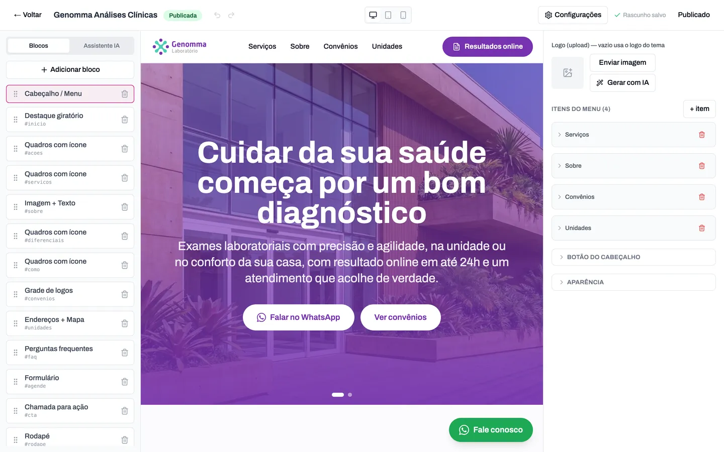 Editor de páginas com a lista de blocos à esquerda, a prévia no centro e o inspetor à direita
