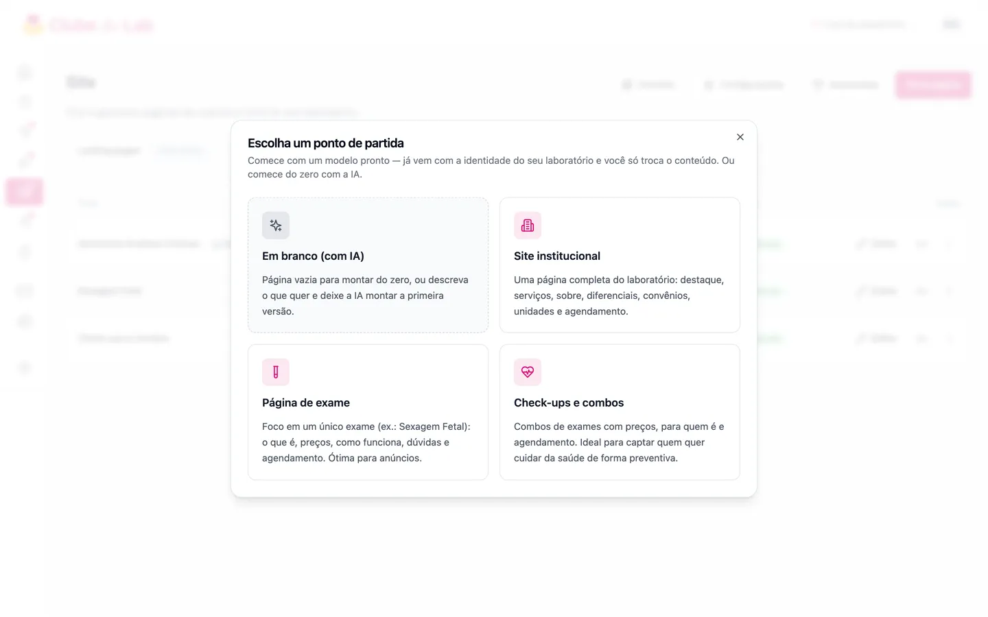Tela de escolha do ponto de partida, com os quatro modelos disponíveis