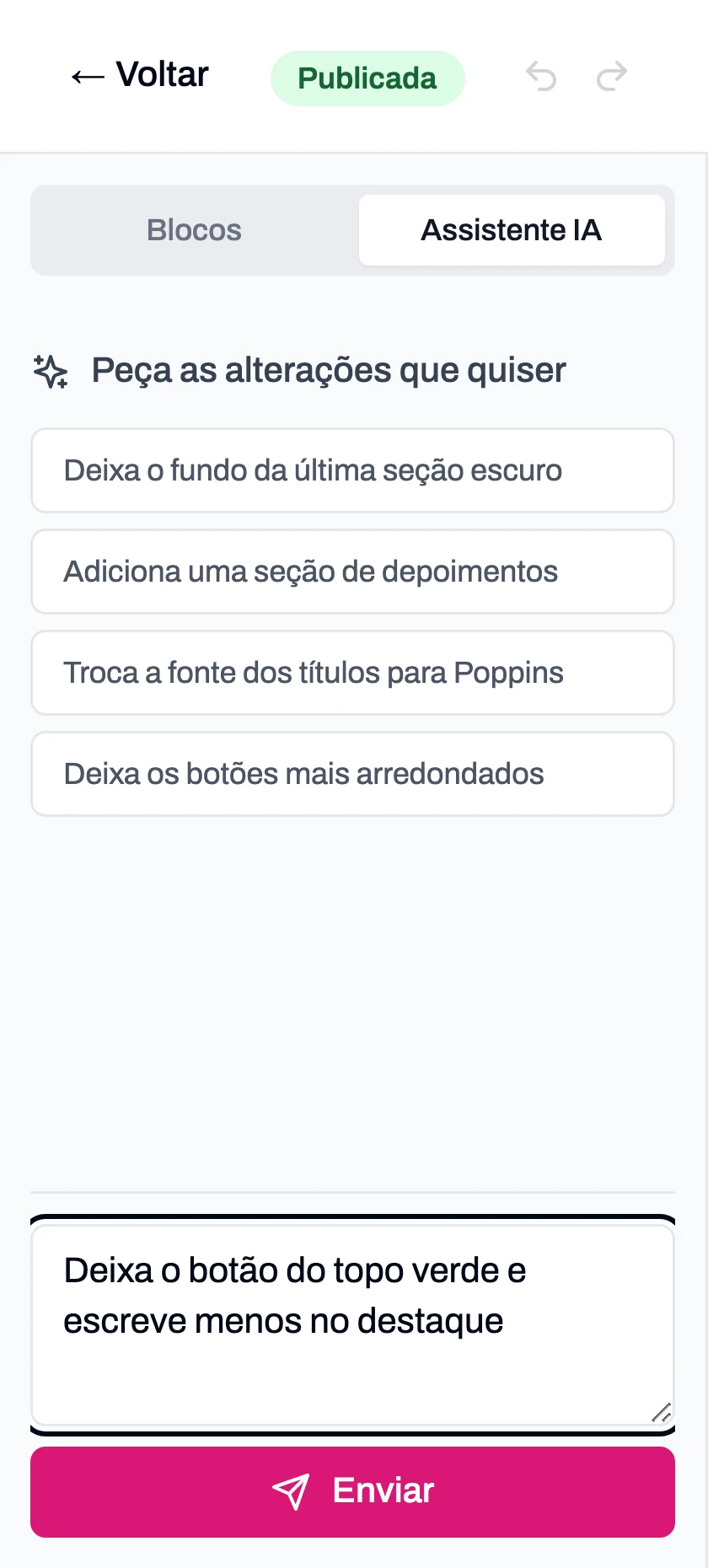 Aba Assistente IA do editor, com um pedido de mudança escrito em texto