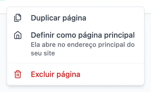 Menu de opções de uma página com a opção Definir como página principal