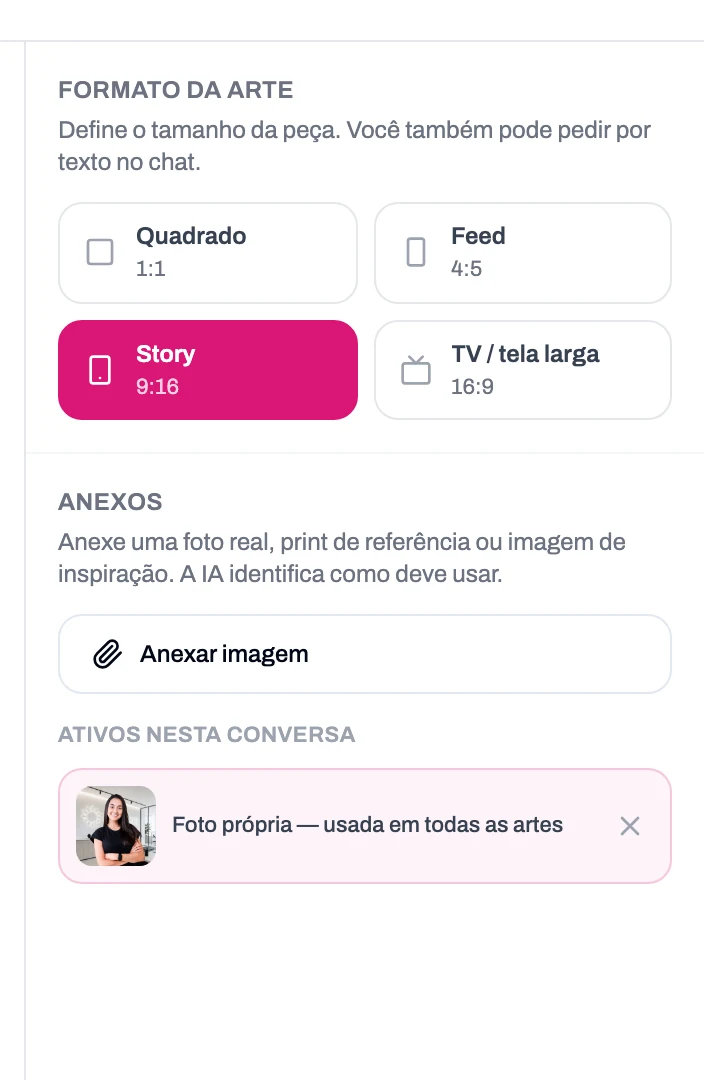 Painel de formato e referências do Estúdio IA