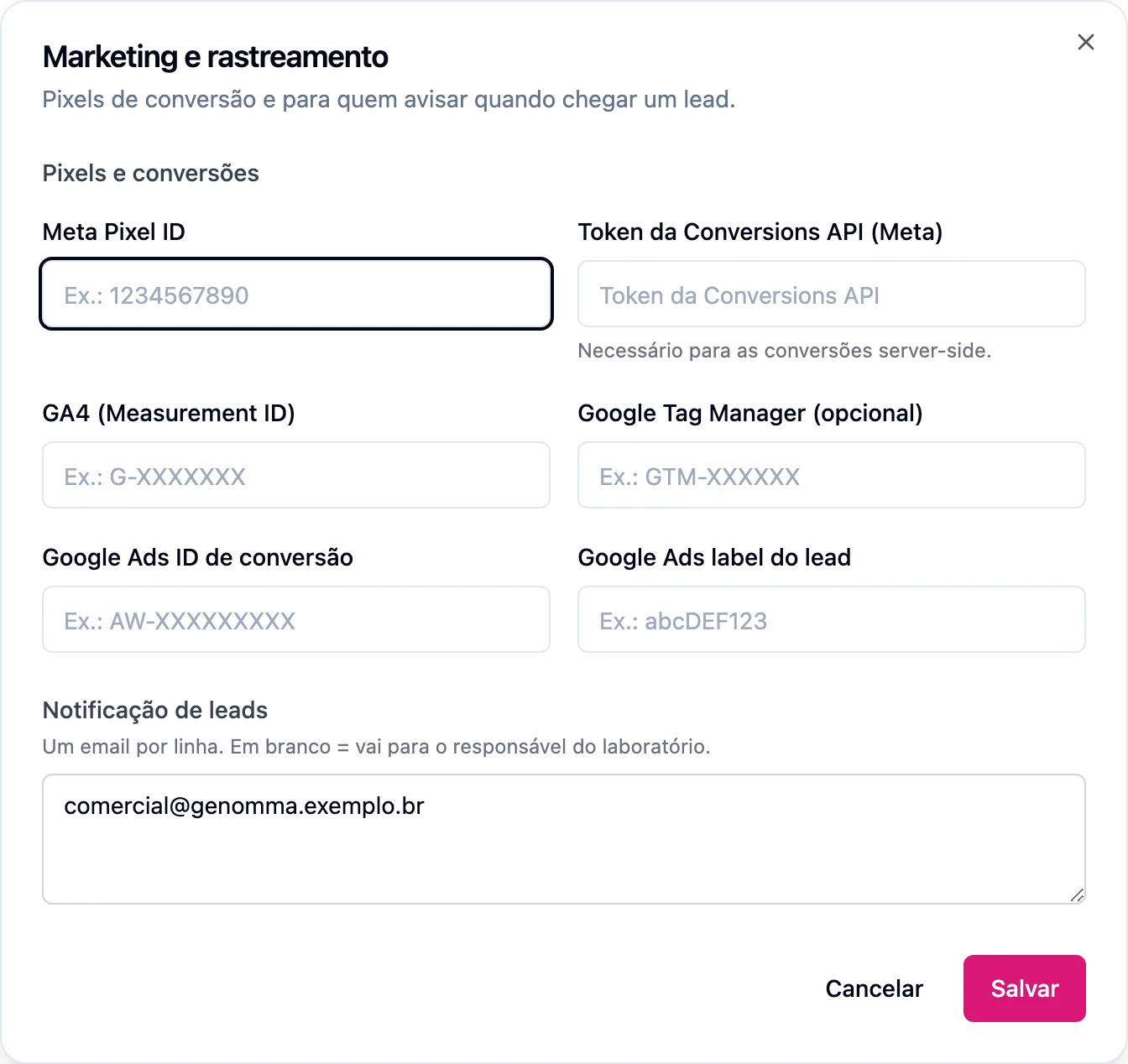 Configuração de pixels e conversões do laboratório